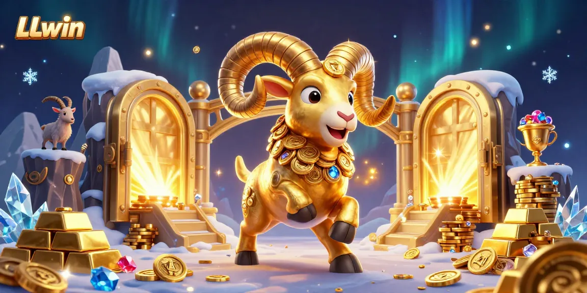 Experience the thrill of LLwin with a golden ram charging through a treasure vault scene full of jewels and jackpots.