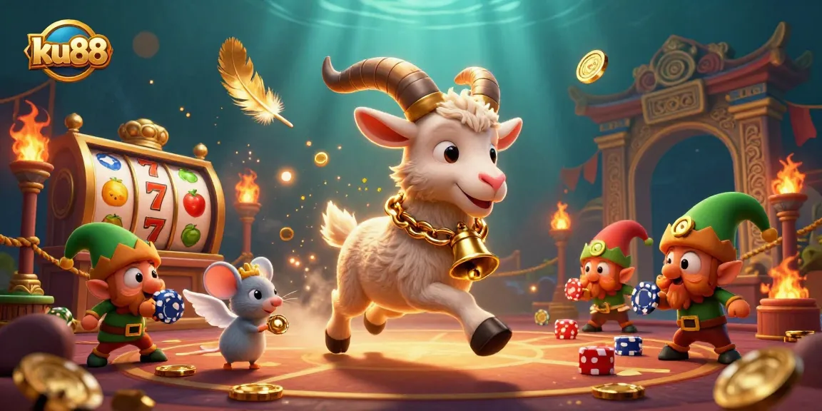 Engaging scene of ku88 casino with festive Krampus goat, angel mouse, and mischievous gremlins stealing chips.
