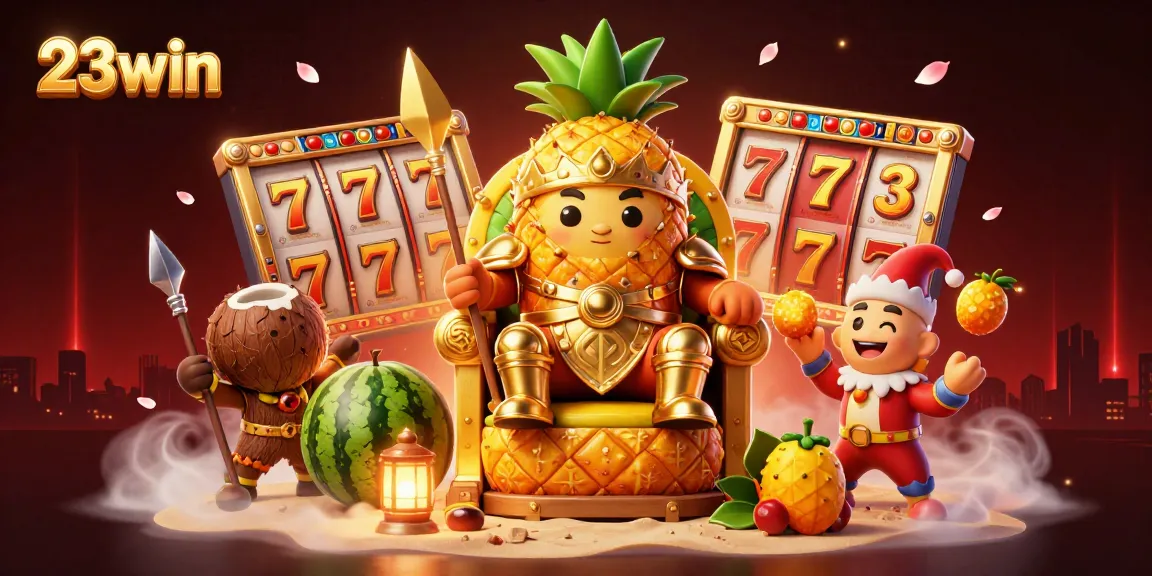 Experience intense gaming action at 23win with the golden pineapple king amidst vibrant casino games.