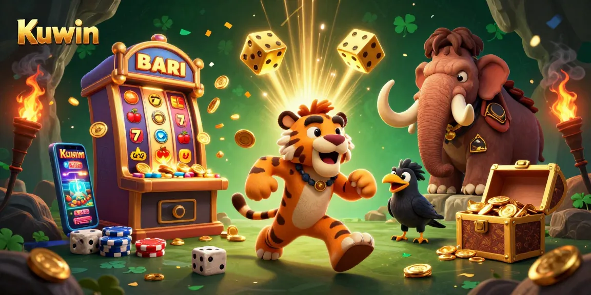 Engage in thrilling gaming with Kuwin's unique casino scene featuring 3D cartoon cavemen and exciting jackpot elements.