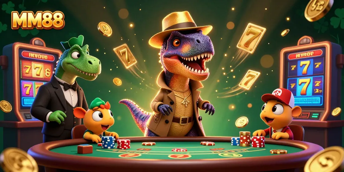 MM88 velociraptor playing blackjack among slots and golden jackpot elements in a vibrant casino scene.