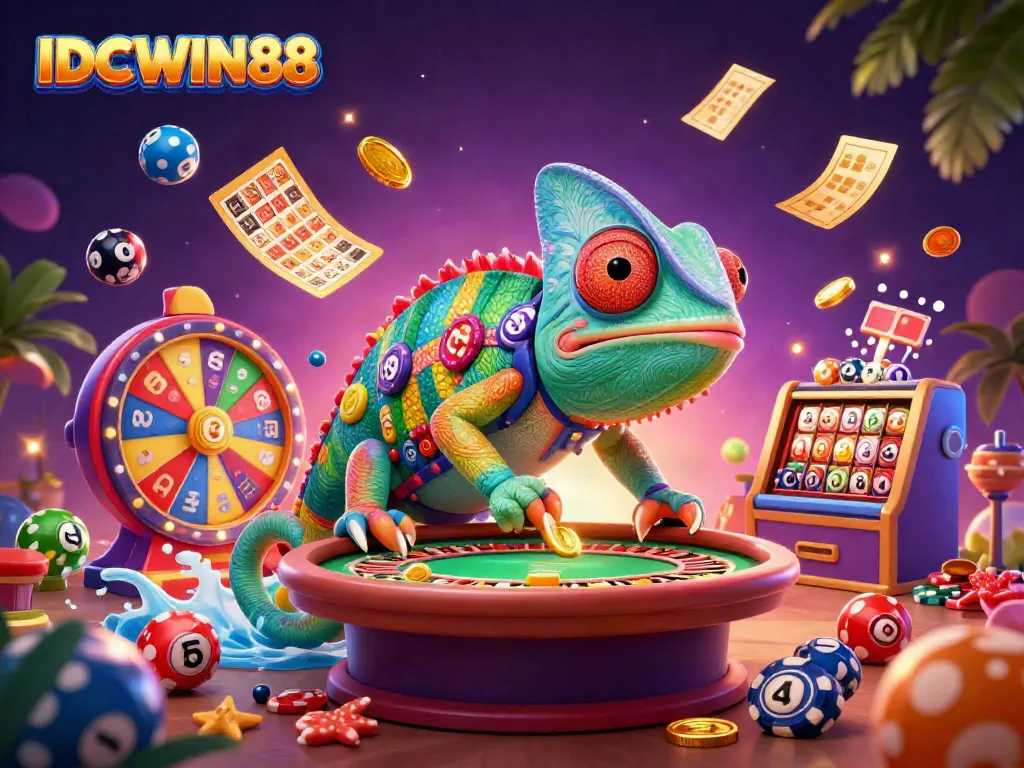 Engage with IDCWIN88 while golden coins soar and colorful lottery balls bounce in a vibrant casino scene.