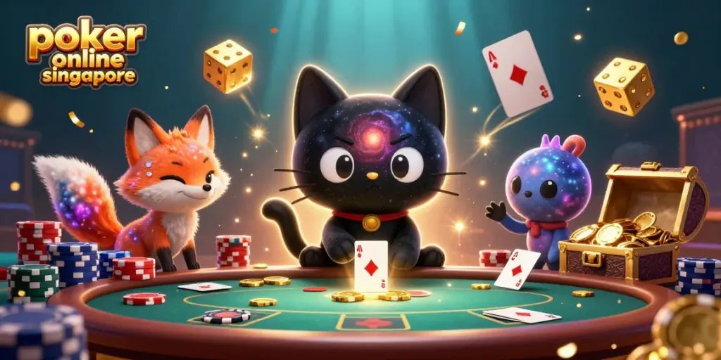 Join the thrill of poker online Singapore with 3D cat and fox at a vibrant poker table.