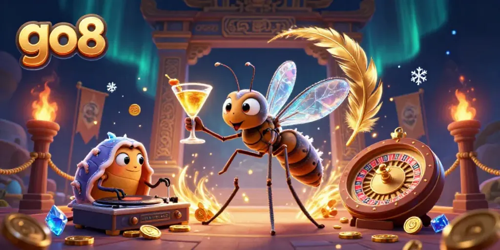 Engage in vibrant casino action at go8 with a dynamic 3D illustration of animated mascots and golden gaming elements.