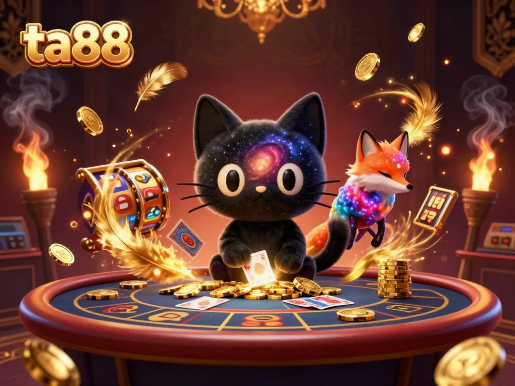 Play slot games with ta88's cosmic casino featuring a black hole cat and colorful fox