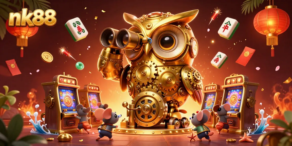 Experience nk88's vibrant casino scene with an animated owl, slot machines, and festive elements.