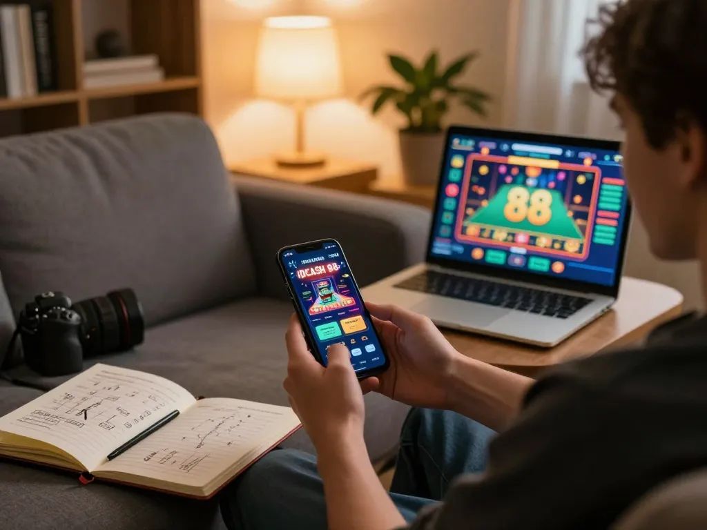 Engaging with the IDCASH 88 mobile app for immersive online gambling experience on a cozy sofa