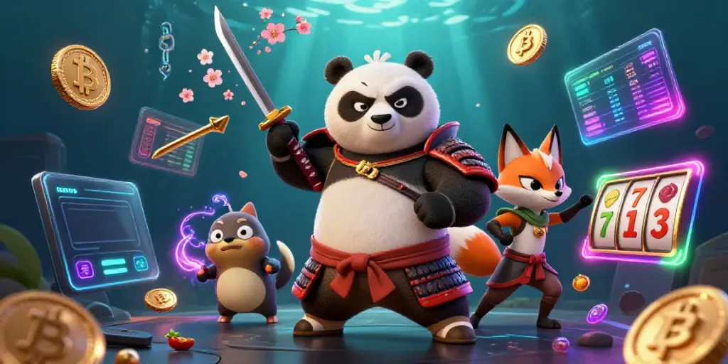 Engage with 789win's casino world featuring a samurai panda, fox, and magical tanuki.