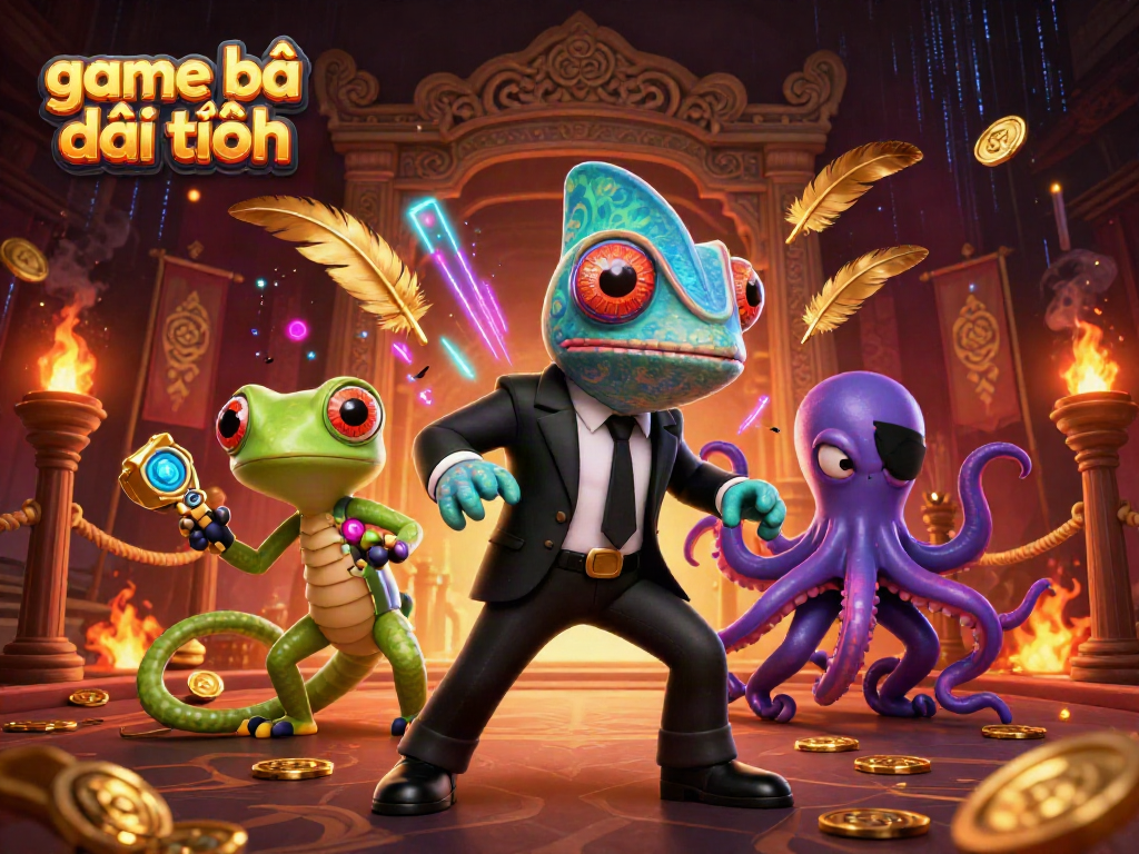 Engage in game bài đổi thưởng with a dynamic scene featuring colorful characters and casino elements.