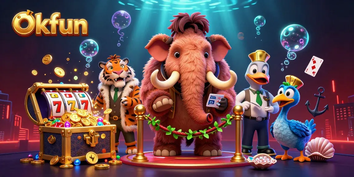 Engage with the vibrant casino experience at Okfun with colorful slot reels and dynamic characters.