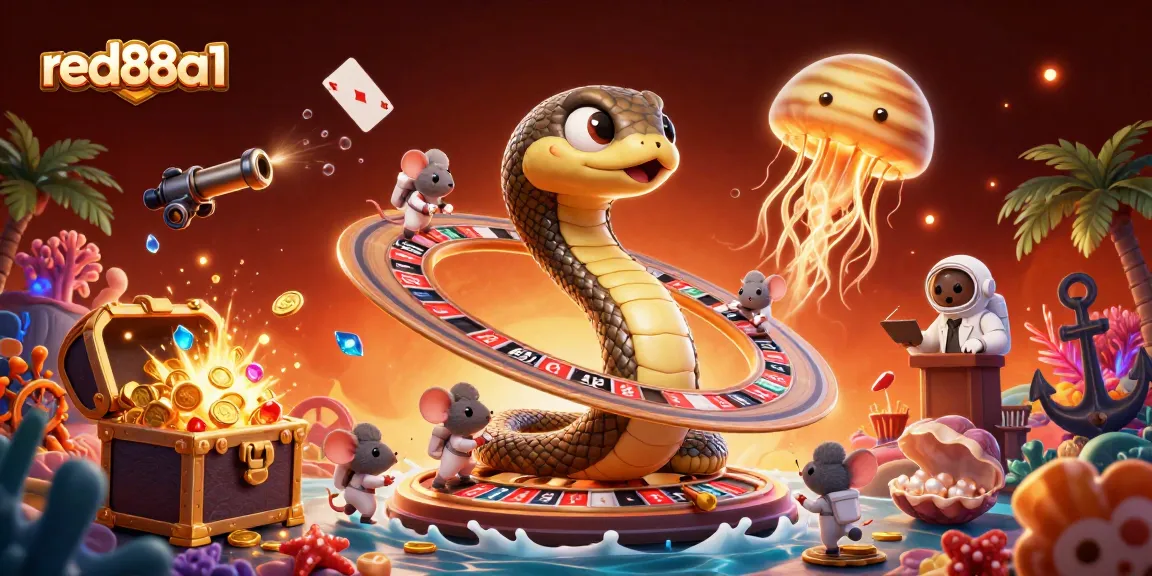 Engage with red88a1 in a vibrant cosmic casino scene featuring a roulette wheel and playful astronaut mice.