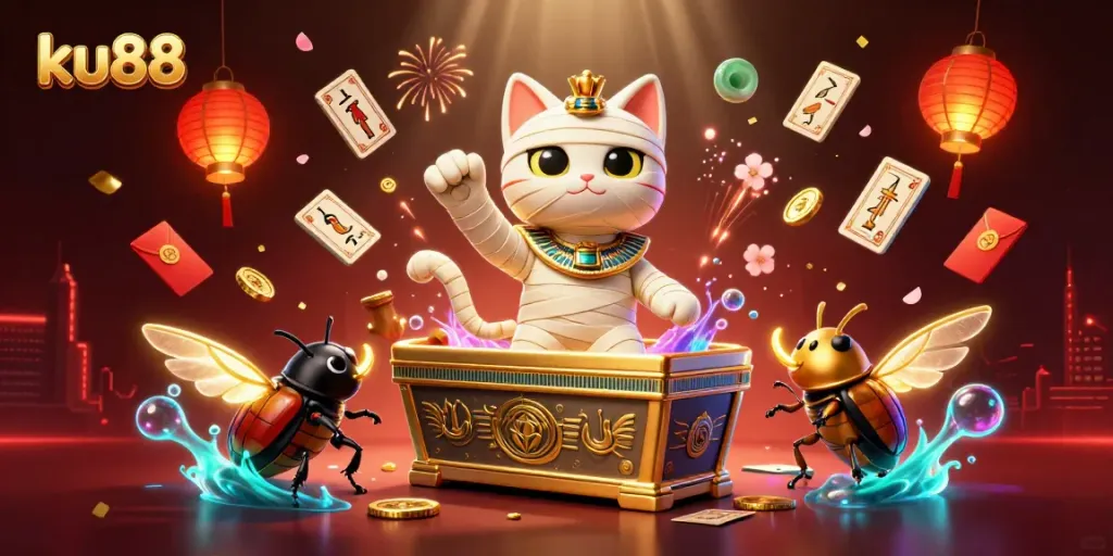 Experience the excitement at ku88 with our vibrant casino-themed illustration showcasing a mummy cat in action.