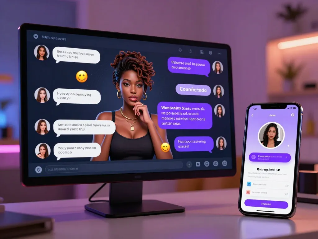 Engaging AI porn chat experience showing diverse avatars and flirty conversations in an immersive digital environment.