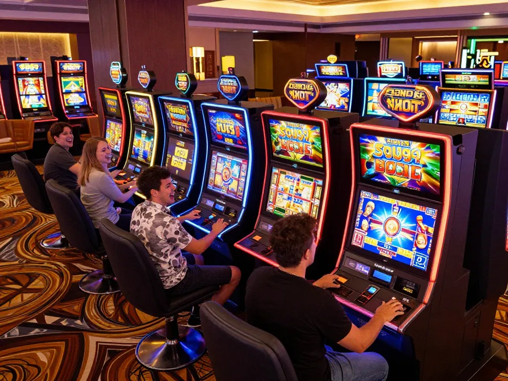 Players enjoy thrilling moments on Slot x500 machines at a vibrant casino, showcasing excitement and engagement