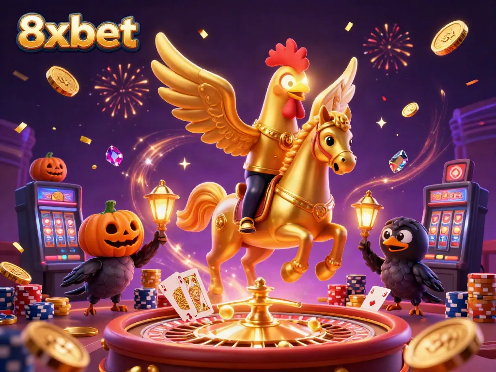 Join the golden rooster at 8xbet for thrilling casino adventures amidst sparkling gems and festive lights.