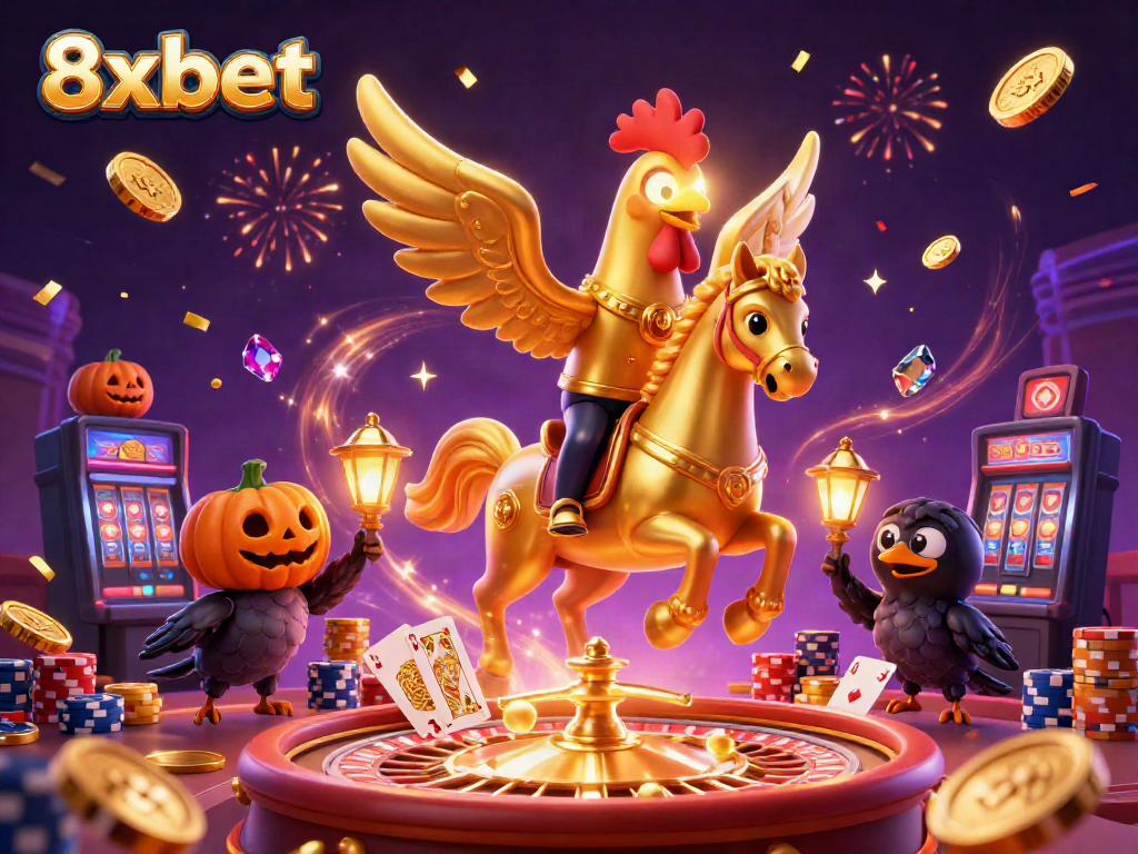 Join the golden rooster at 8xbet for thrilling casino adventures amidst sparkling gems and festive lights.