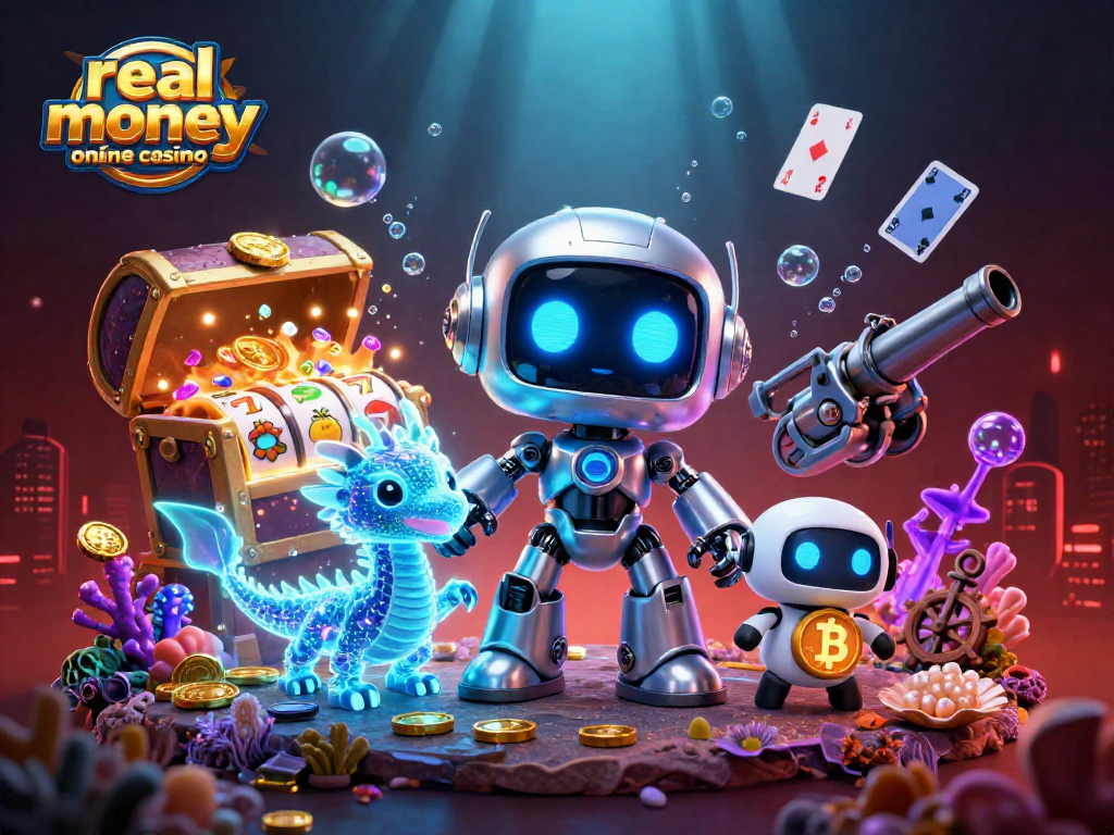 Engage with real money online casinos at a colorful cyberpunk-themed casino scene.