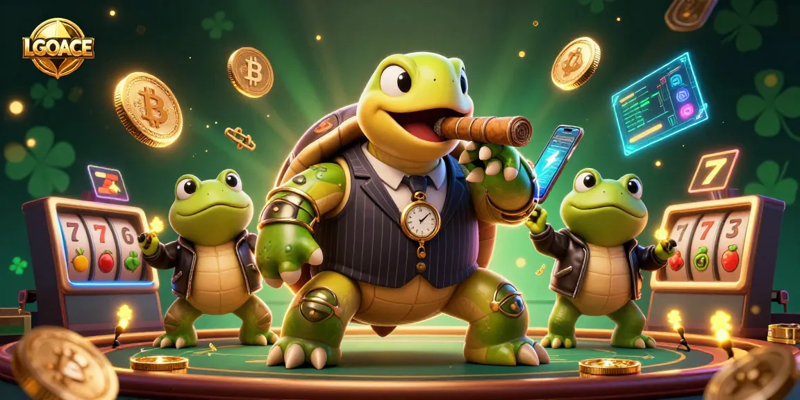 Win big with LGOACE in this vibrant casino-themed 3D illustration, featuring unique characters and elements.