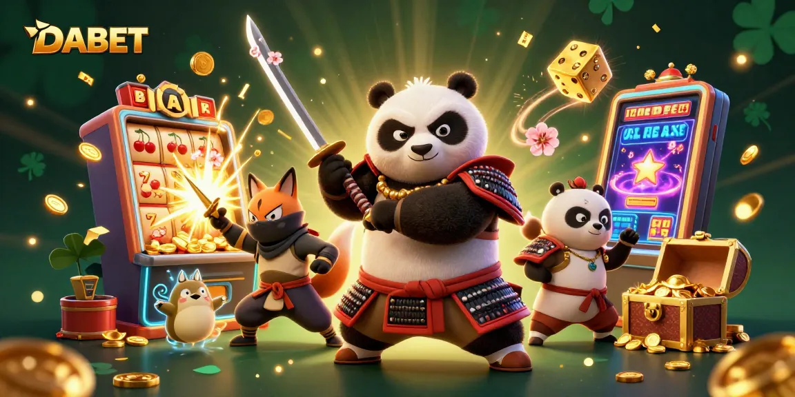 DABET offers exciting gameplay with a samurai panda and ninja fox amidst a vibrant casino scene.