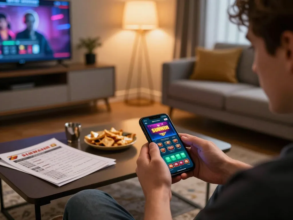 Player enjoying sunwin casino app on smartphone during relaxing home gaming session.