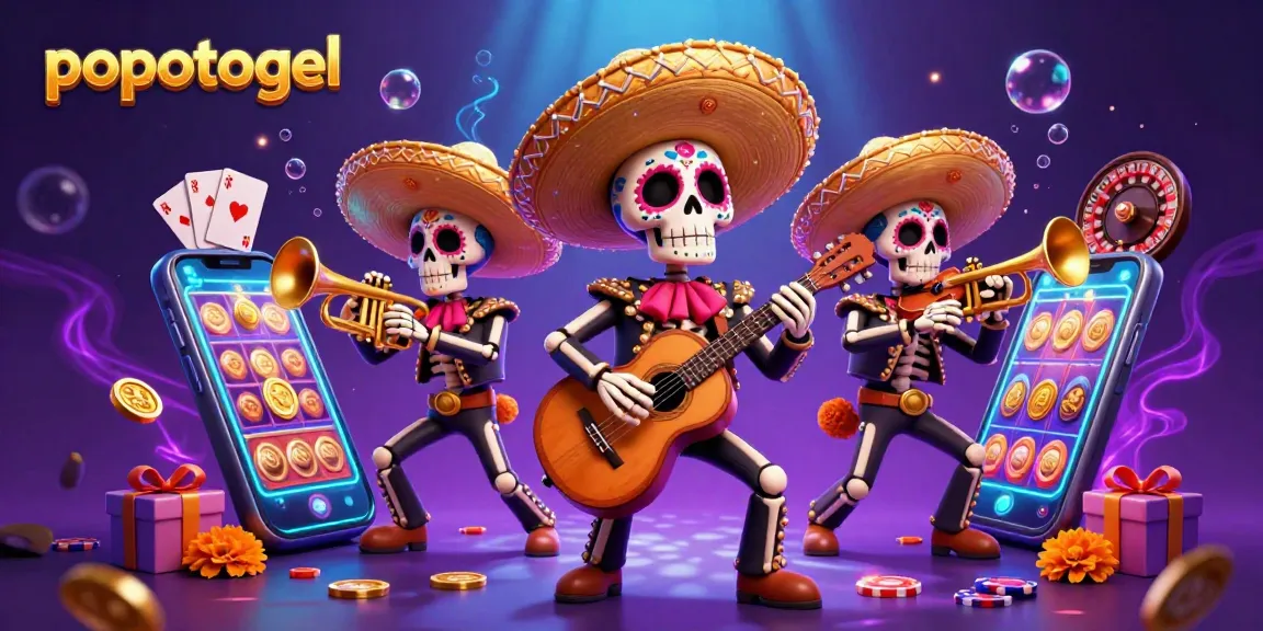 Experience the excitement of popotogel with a vibrant 3D illustration showcasing gaming elements and mariachi characters.