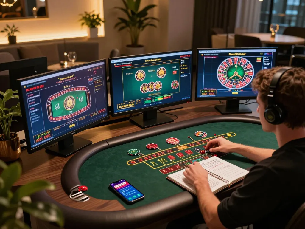 LGO GOAL player actively engaging with an online casino on multiple screens during a live gaming session.