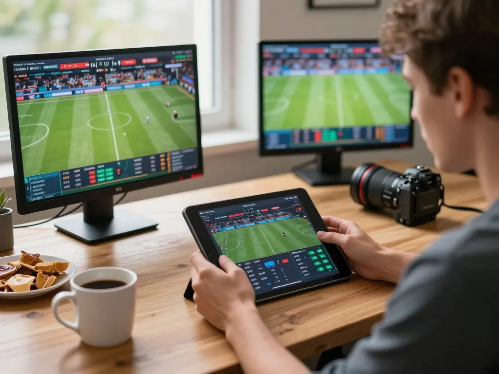 Engaging in live sports betting using fabet's platform, showcasing sleek tablet interface and casual setup.