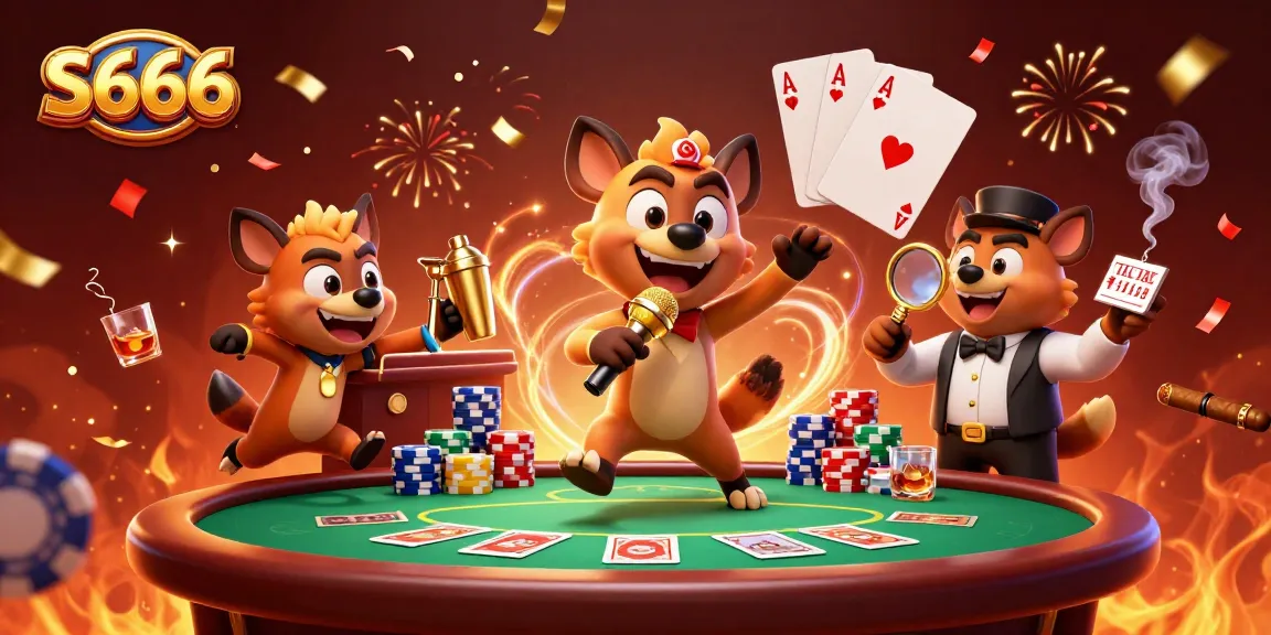 S666 hyenas entertain in a vibrant casino scene with poker and celebration elements.