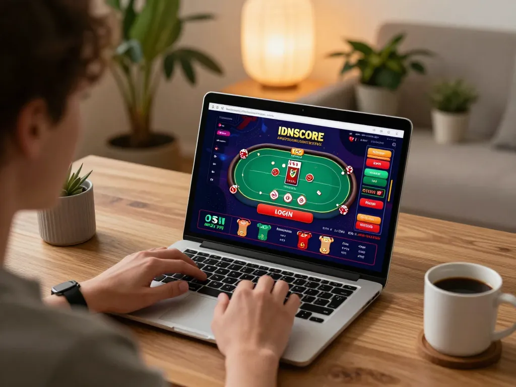 IDNSCORE LOGIN in action on a laptop, highlighting online poker gameplay in a cozy home setup.