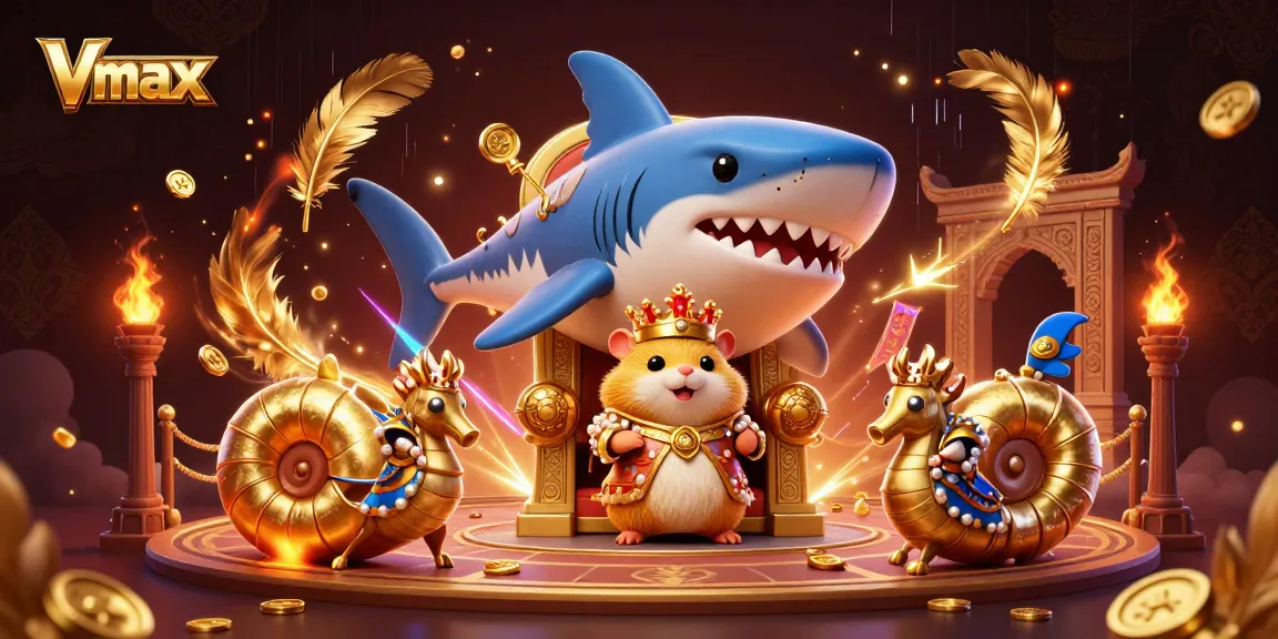 Experience thrilling gameplay at Vmax with a fierce golden hamster king and his royal sea guards in a dynamic casino scene.