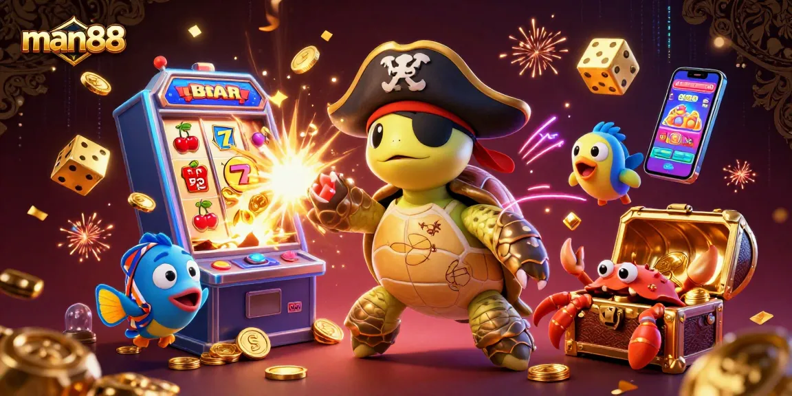 Spin the man88 slot machine surrounded by thrilling characters and jackpot treasures