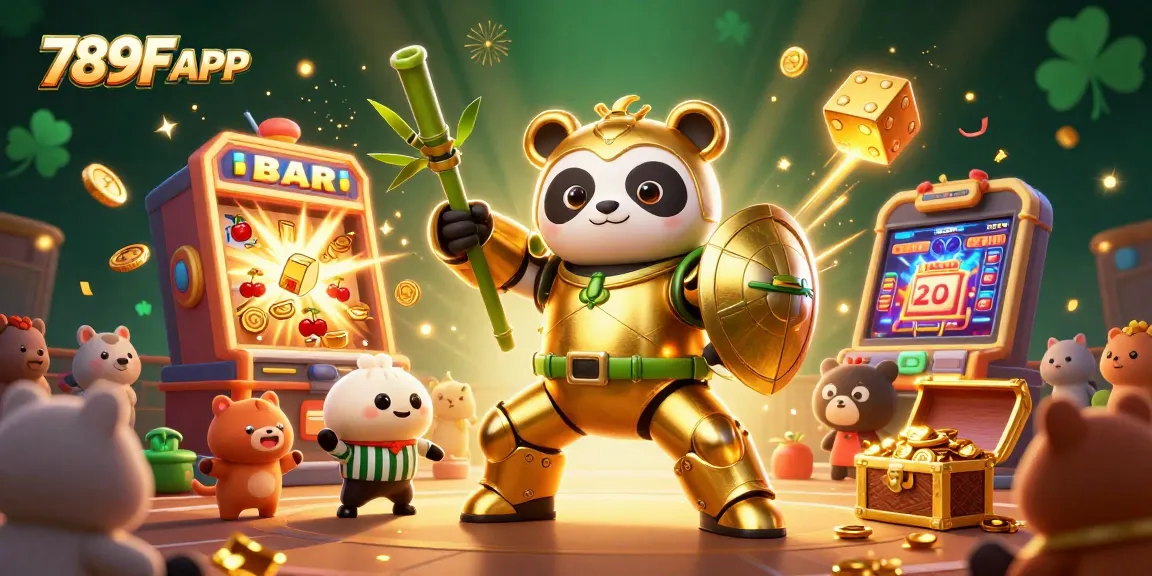 Experience thrill with 789F APP as the golden panda fights in a vibrant casino arena filled with exciting game elements.