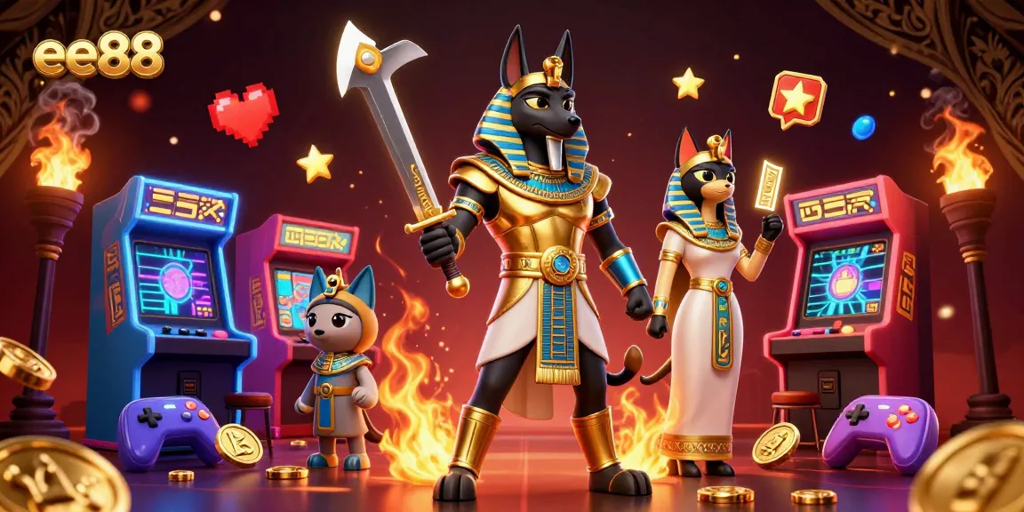 ee88 enhances the gambling experience with Egyptian warrior Anubis and sacred cat Bastet in a vibrant casino setting.