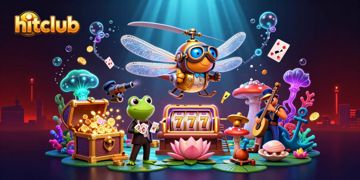 Hitclub's 3D casino scene featuring dragonfly pilot and frog croupier in vibrant illustration.