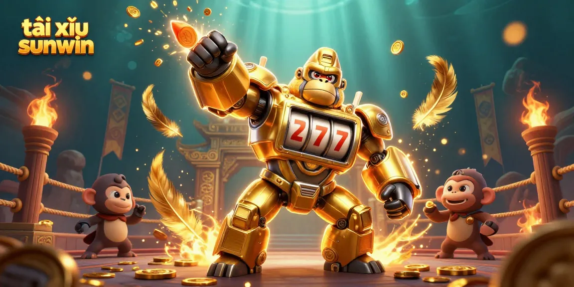 Experience thrilling tài xỉu sunwin action with a dynamic golden gorilla mech in an energetic casino scene.