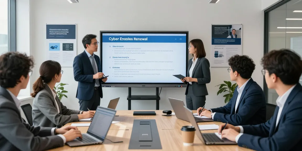 Cyber Essentials renewal strategy session in a corporate office with professionals discussing cybersecurity.