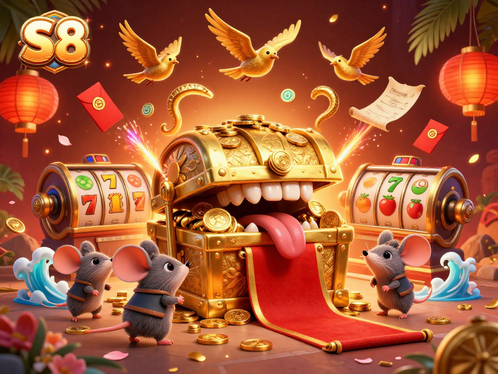 S8 attracts players with vibrant slot machines and a treasure chest offering riches in this immersive casino illustration.