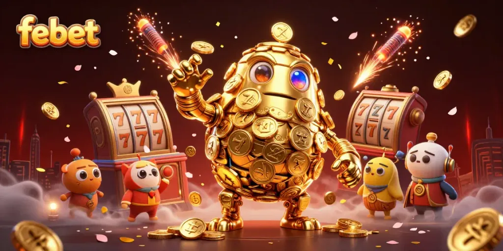 Experience thrilling gameplay with fe bet's dynamic casino scene showcasing a golden golem and slot elements.