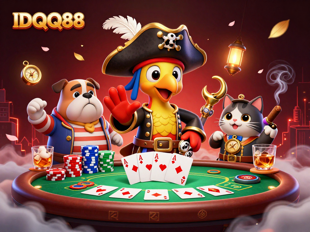 Engage in thrilling poker nights with the lively scene showcasing IDQQ88's vibrant 3D characters.