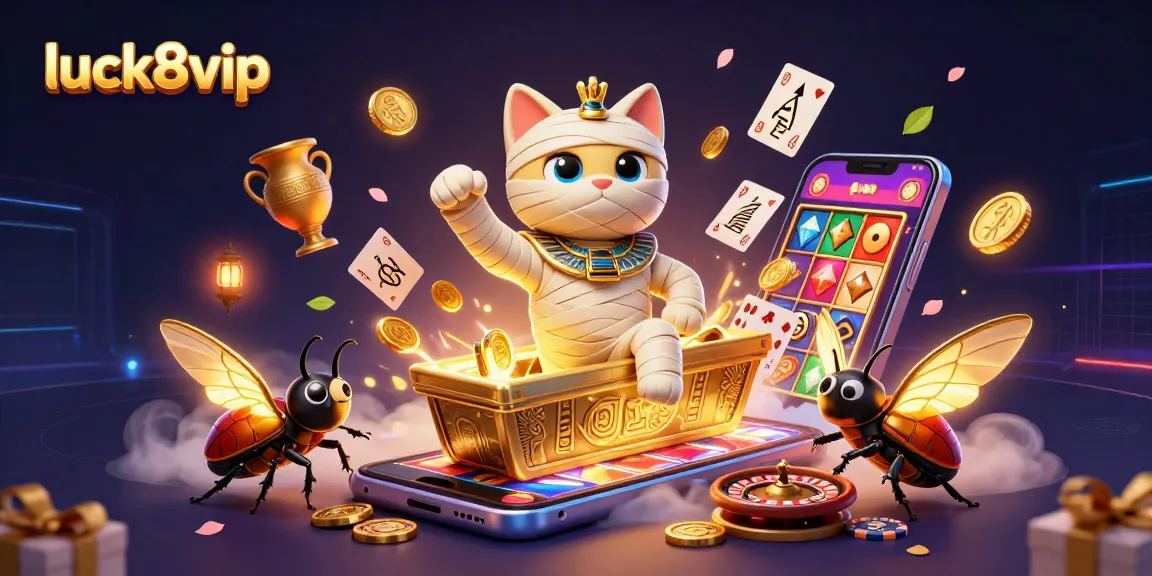 Spin the reels and win with luck8vip's vibrant casino adventure featuring a mummy cat.