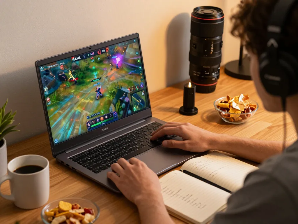 KADAL 778 online gamer engaged in a thrilling gaming session at home with laptop and strategy notes.
