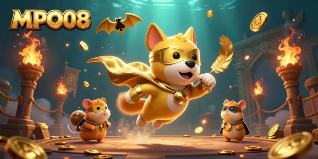 MPO08 showcases a superhero dog and hamster navigating a thrilling gaming arena while collecting gold coins.