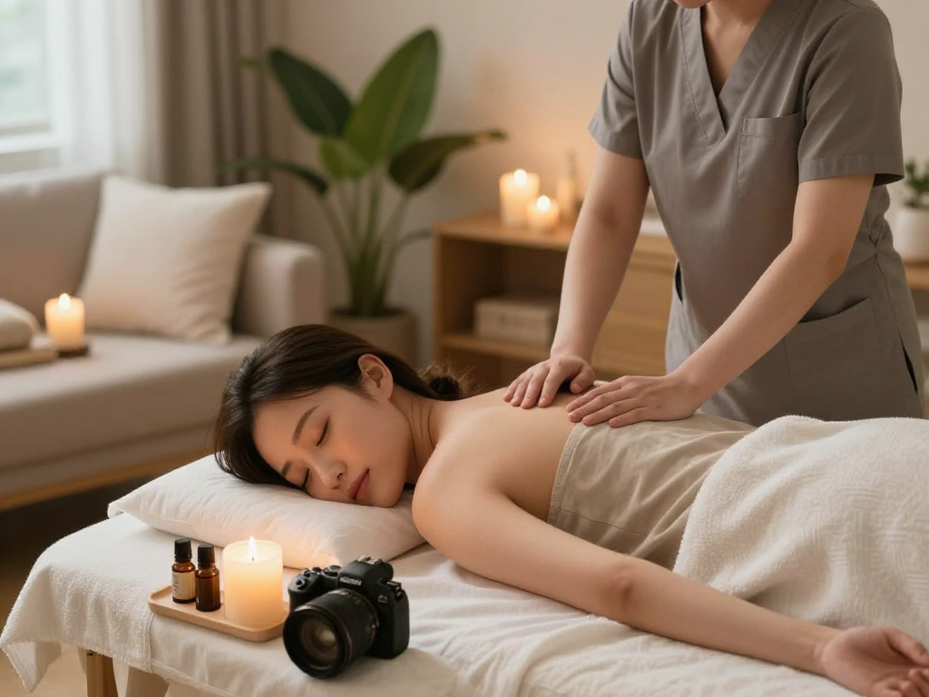 Experience 강서구출장마사지 in a serene home spa environment with a young woman receiving a professional massage.
