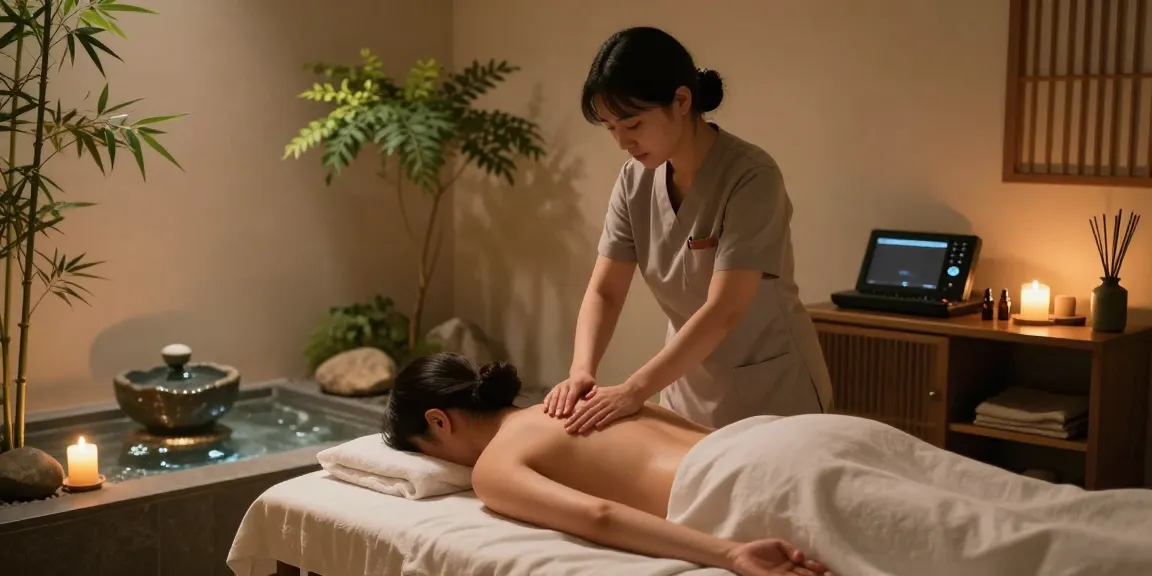 Therapist providing 서울출장안마 massage in a tranquil spa environment, featuring serene decor and calming ambiance.