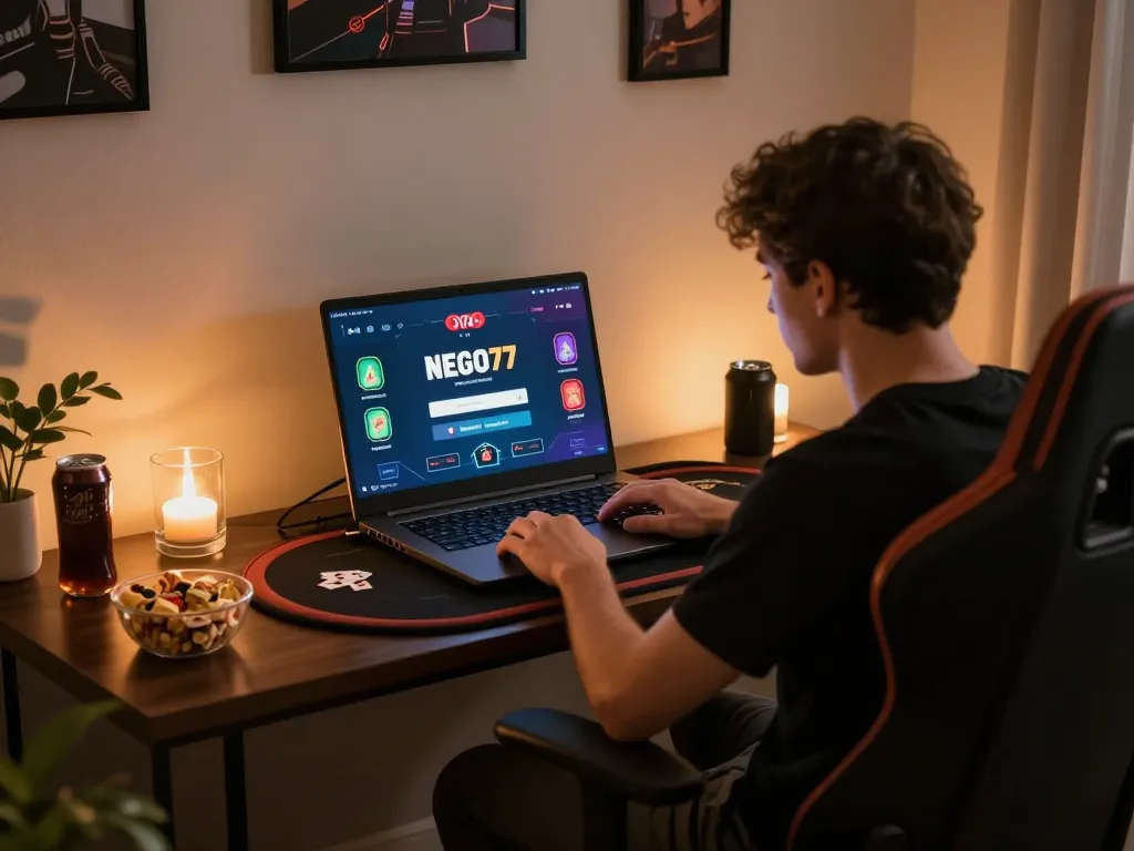 Using the NEGO77 login to engage in online poker at a stylish home gaming setup.