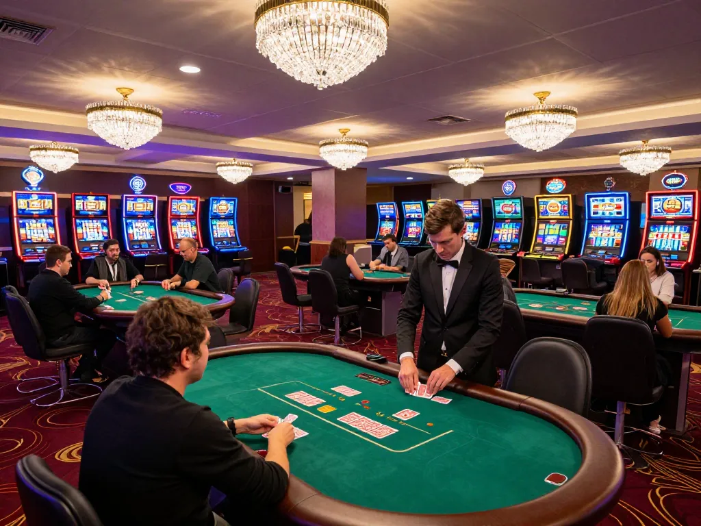 Experience the vibrant atmosphere of Trang chủ MM88 with active poker games on a luxurious casino floor.