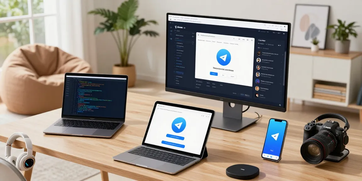 Engaging scene of a person downloading Telegram on various devices, showcasing a productive tech workspace.