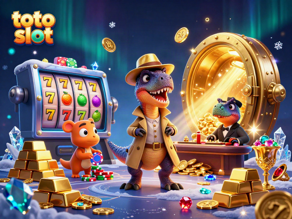 Experience the excitement of toto slot with cartoon dinosaurs at a lively casino.