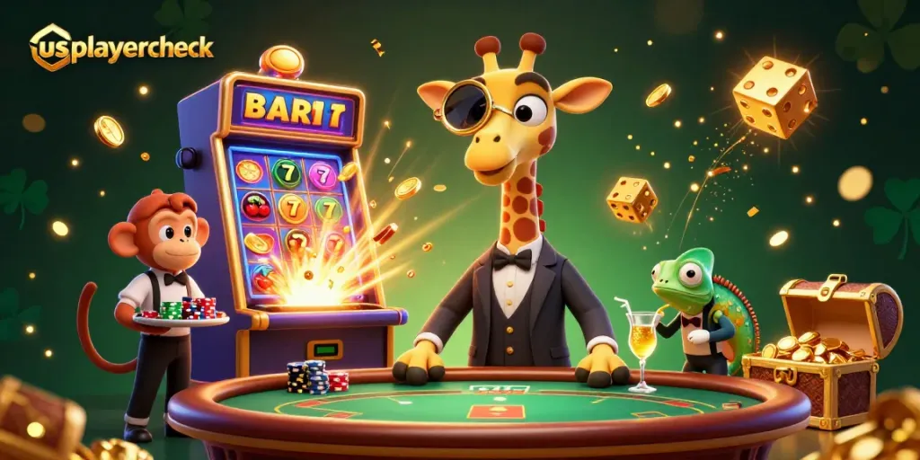 Experience thrilling casino action with usplayercheck in a vibrant 3D digital illustration, featuring a high-roller giraffe at a poker table.
