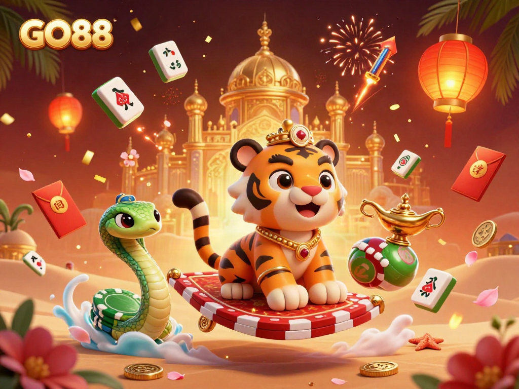 Experience the excitement of GO88 with vibrant characters and dynamic casino elements in a captivating 3D scene.